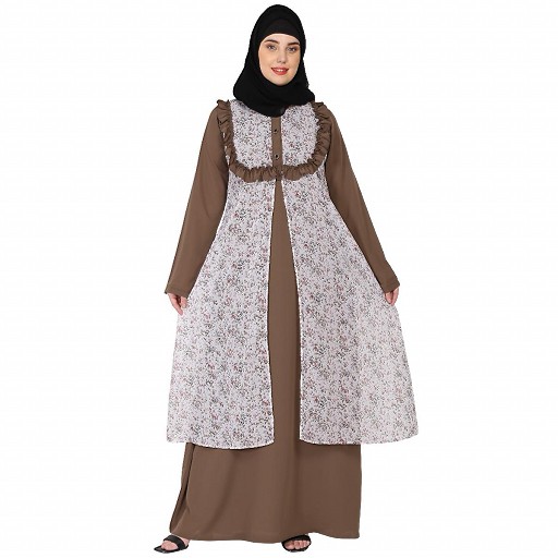 Designer Printed Shrug with Beige Inner abaya